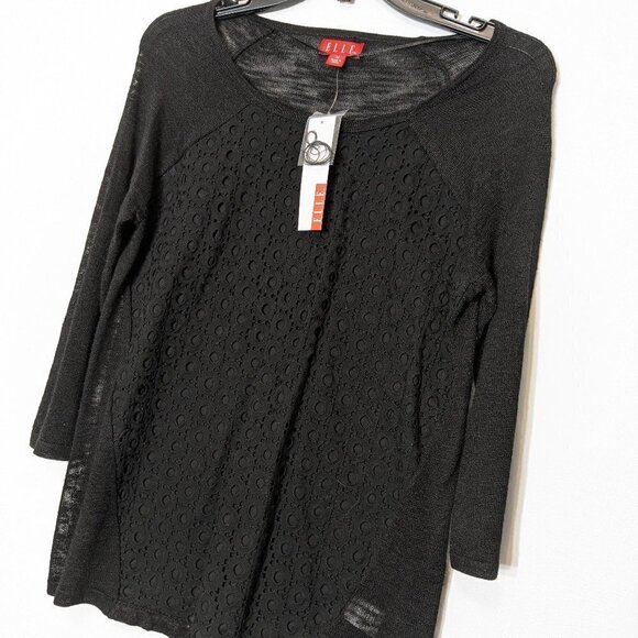 Women's ELLE, Black, Lace Front, 3/4 Sleeves, Pullover Tunic Top; Size XS - Picture 2 of 7